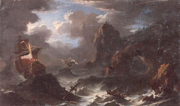 unknow artist A coastal landscape with shipping in a storm,figures shipwrecked in the foreground China oil painting art